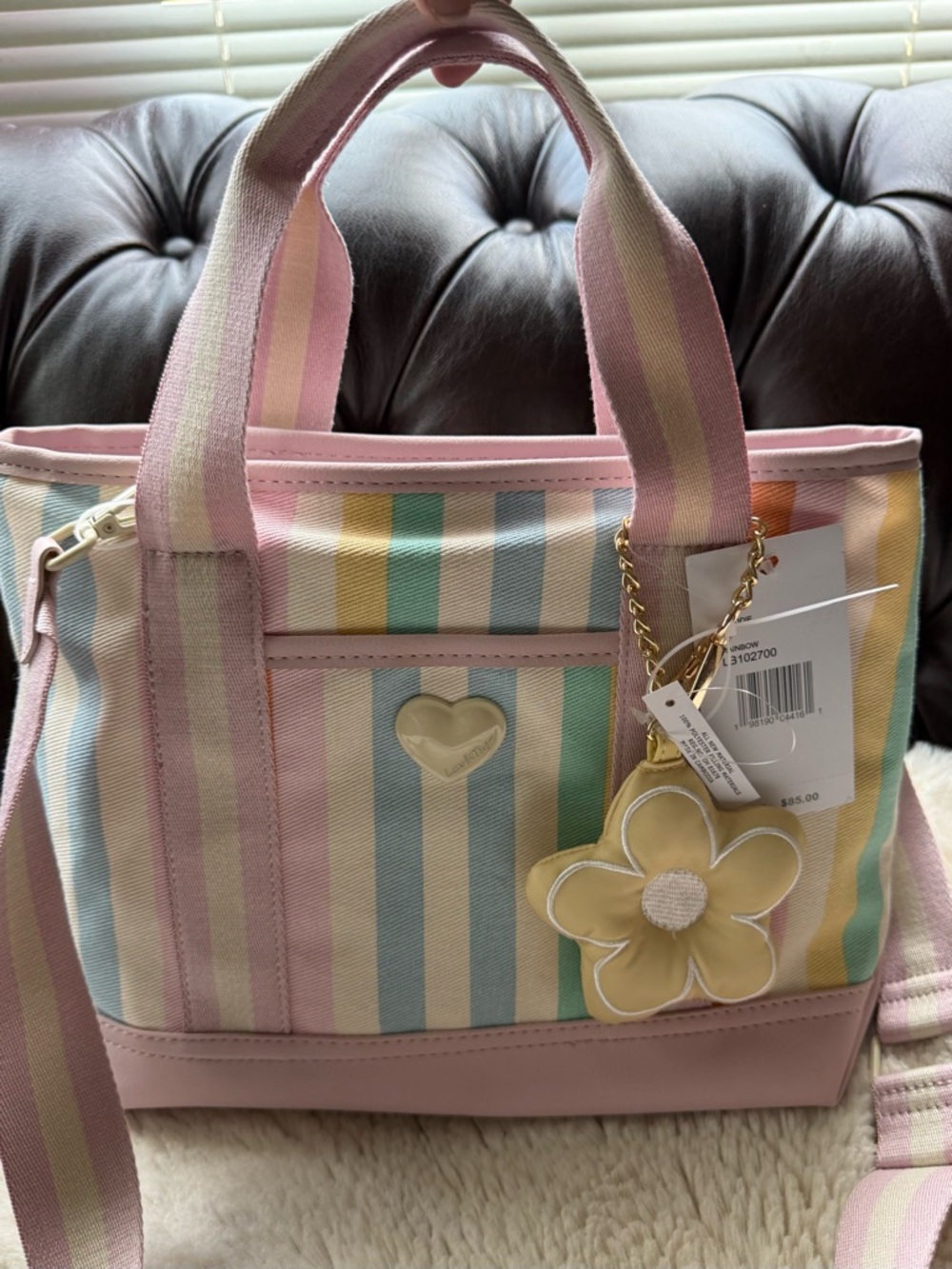 Betsey Johnson Luv NWT Pastel Pink Stripe Tote Bag with Flower Charm